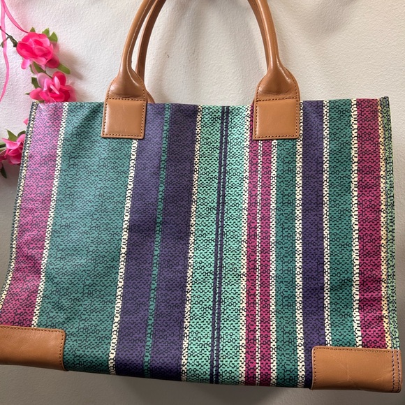 Tory Burch Striped Ella Tote Bag Leather and Coated Canvas pink LARGE LOGO - Picture 4 of 9